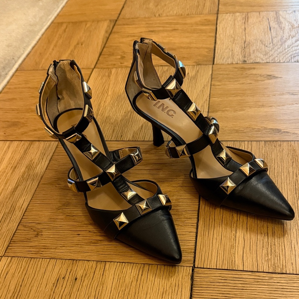 INC International Concepts Black and Gold Studded Heels